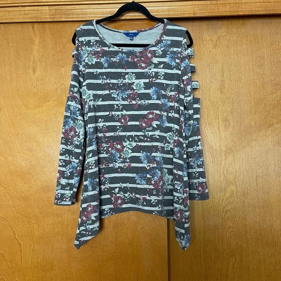 Apt. 9 Grey Striped Floral Pullover Tee Size medium - Picture 1 of 7
